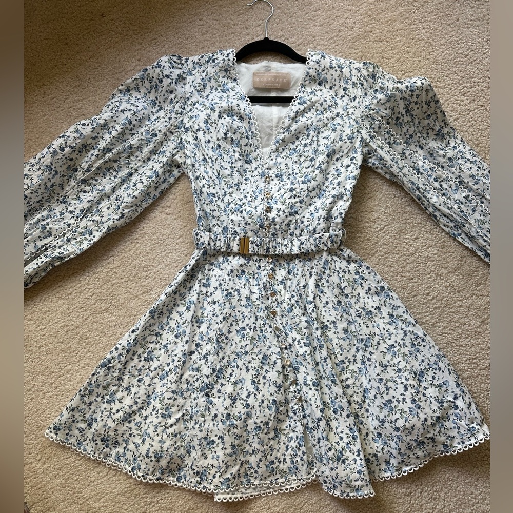 Floral Lace-Trim Blue & White Mini Dress